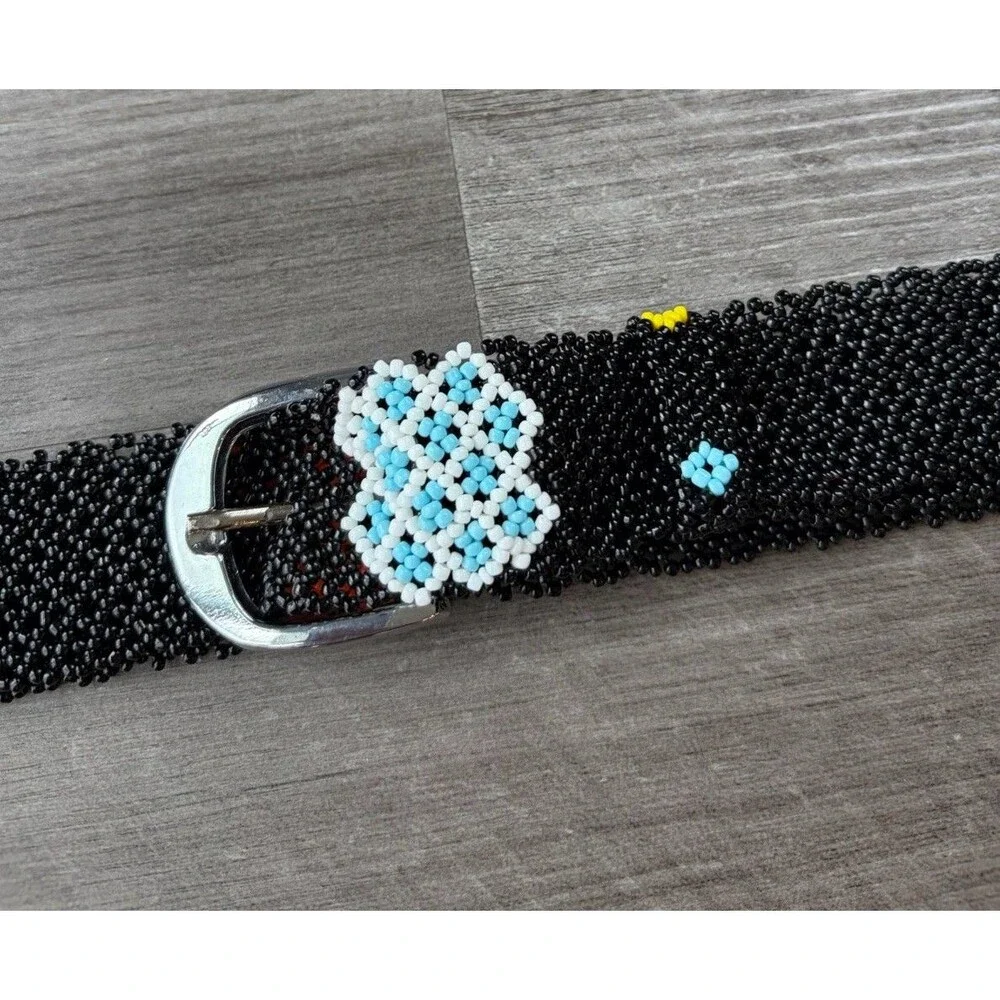 Womens Black Beaded Belt Size M Buckle Hippie Boho Indie